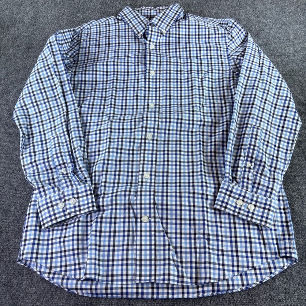 Duluth Trading Co Wrinklefighter Shirt Mens Large Blue Gingham Trim Fit Cotton